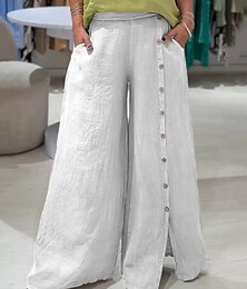 abordables -Femmes Pantalon en coton et lin Jambe large Pantalons Mode Streetwear Longueur complète Taille Moyenne Uni Bouton latéral Respirabilité Confortable Rue Tenue quotidienne Sortir Noir Blanche Bleu Vert