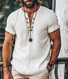 economico -Per uomo Camicia Camicia di lino Camicia popover Camicia Estiva Camicia da Spiaggia Camicia hawaiana estiva Tinta unica Vacanza Streetwear Nero Bianco Blu Cachi Manica Corta Scollo a V Estate