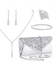 economico -Set di gioielli da sposa, 1 set di anelli in lega di diamanti sintetici, 1 bracciale, orecchini, collana, elegante set di gioielli artistici alla moda da donna per matrimonio, San Valentino, occasione