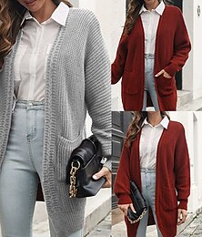 economico -Per donna Cardigan Casual Tinta unica Spesso Scollo a V Tasca Lavorato a maglia Manica Lunga Top lunghi Maglia Quotidiano Ferie Uscire Vino Grigio Autunno Inverno