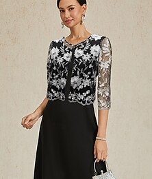 abordables -Femmes Blazer Léger Dentelle Broderie Élégant Fleuri Formel Court Col Rond Coupe régulière Manche 3/4 Vêtements d'extérieur Noir Été Printemps