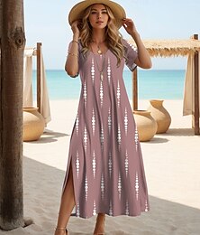 ieftine -Rochie maxi feminină rochie în formă de A culoare solidă rochie tip tricou rochie tee vacanță casual plajă ajustare obișnuită grafică ombre geometrică mânecă scurtă guler rotund gri roz vară
