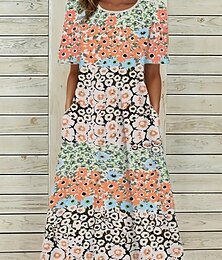 baratos -Mulheres Vestido midi Vestido T shirt Vestidos Para o Verão Vestido de turno Vestido A Line Férias Casual Boho Festa Praia Normal Floral Gráfico Manga Curta Gola Redonda Laranja Verão Primavera