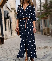 abordables -Femmes Robe maxi Robe fourreau Vacances Occasionnel Quotidien Coupe régulière À pois manche longue Col de chemise Vert militaire Noir Rouge Bleu Été Printemps