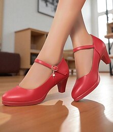 levne -Dámské červené lodičky Mary Jane na středním podpatku – klasické společenské boty s kulatou špičkou, páskem na kotníku a přívěskem pro dámy, ideální do kanceláře, kostela nebo na poloformální události.
