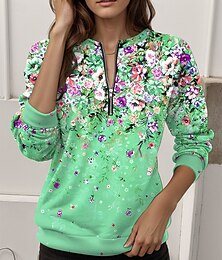 baratos -Mulheres Moletom Moletons com zíper Floral Gráfico Moda Casual Manga Longa Gola Redonda Tops regulares Rua Dia a Dia Zíper Imprimir Amarelo Rosa Azul Laranja Verde Outono Inverno