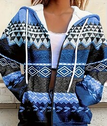 abordables -Mujer Talla grande Sudaderas con cremallera Geométrico A Rayas Activo Vintage Deportes Manga Larga Con Capucha Tops regulares Casual Festivos Cerrar Cremallera Correa Azul Piscina Marrón Primavera