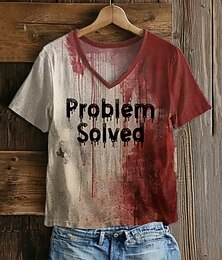 abordables -T-shirt pour femmes Halloween problème de sang résolu graphique tache de sang lettre Halloween vintage élégant classique manches courtes col V hauts réguliers impression quotidienne gris/rouge blanc