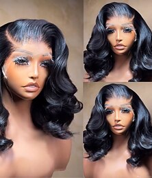 baratos -Cabelo virgem não processado Fechamento 5x5 13x4 Lace Front Peruca Bob curto Cabelo Brasileiro Curva solta Preta Peruca 130% 150% Densidade do Cabelo com o cabelo do bebê Riscas Naturais 100% Virgem