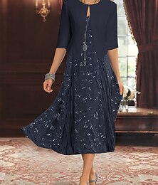 abordables -Robe de mère de la mariée en deux pièces élégante simple luxueuse décolleté en V longueur thé longueur midi chiffon à dentelle perlée avec veste en crêpe extensible