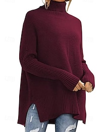 economico -Per donna Felpa Maglione Casual Morbido Tinta unica A Coste Dolcevita Lavorato a maglia Spacco Manica Lunga Top Regolari Maglia All'aperto Quotidiano Ferie Rosso bordeaux Fucsia Autunno Inverno