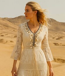 ieftine -Pentru femei Rochie Maxi Rochie de Vară Rochie A line Vacanță Petrecere Gril pe Kamado Petrecere Ieșire Plajă Culoare solidă Lungime Manșon 3/4 În V Alb Caisă