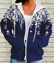 economico -Per donna Felpe con cappuccio Floreale Grafico Moda Casual Manica Lunga Con Cappuccio Top Regolari Streetwear Abbigliamento Quotidiano Cerniera Tasca Stampato Blu marino Primavera Autunno