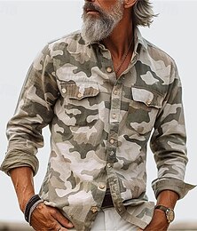 billiga -Herr Skjorta Sommarskjorta Casual skjorta Knapp upp skjorta Cargo skjorta Marinblå Grön Khaki grön Armégrön Grå Långärmad Kamuflasje Kavajslag Semester Hawaiisk Ficka Kläder Polyester Mode Ledigt