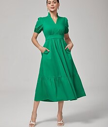 abordables -Féminin Robe Décontractée Vert Manches courtes Uni Manche Gigot Été Printemps Automne Col en V Reine Anne Élégant Moderne XS S M