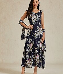 abordables -Femmes Robe Maxi Robe en Chiffon Élégant Vacances Anniversaire Date Plage Coupe régulière Fleuri Graphique Sans manches Col Bénitier bleu marine Été Printemps Automne