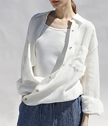 economico -Camicia da donna in lino 100%, tinta unita, elegante, vintage, da tutti i giorni, a maniche lunghe, con colletto, da lavoro, per tutti i giorni, per le vacanze, grande, bianca, estate, primavera,