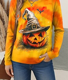 abordables -T-shirt pour femmes Halloween citrouille à manches longues col rond tunique graphique élégante vintage élégante tops réguliers quotidien week-end imprimé noir rouge fuchsia orange printemps automne