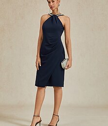 abordables -Femmes Robe Midi Robe fourreau Élégant Mariage Soirée robe demoiselle d honneur Coupe régulière Couleur Unie Sans manches Col Halter Épaules Dénudées bleu marine Automne Hiver