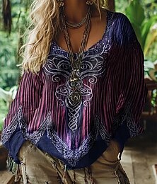 levne -Dámská halenka s grafickým potiskem vintage denní ležérní dlouhý rukáv výstřih do V regular topy kmenové strom života vintage designérský základní potisk dovolená ulice na cesty denní prázdninový potisk fialová léto jaro podzim