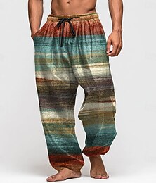 abordables -Homme Bloc de Couleur Rayé Pantalons Pantalons Amples Pantalon décontracté Taille Moyenne Rétro Vintage Extérieur Vacances Taille élastique avec cordon de serrage Pantalon en lin avec poches Ét