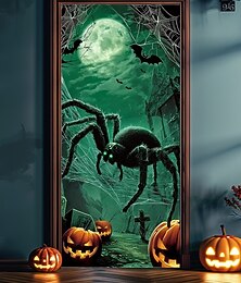 abordables -Couverture de porte Halloween – Giant araignée verte dans une forêt hantée bannière d'entrée effrayante décoration intérieure et extérieure pour chambre salon salle de bain Halloween 2025