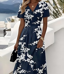 abordables -Femmes Robe Midi Robe trapèze Robe Nuisette Élégant Vacances Occasionnel Plage Coupe régulière Fleuri Graphique Manche Courte Col en V Bleu Vert Bleu de minuit Été Printemps