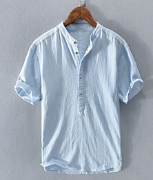 economico -Per uomo Camicia Camicia di lino Camicia popover Camicia Estiva Abbigliamento da spiaggia Tinta unica Vacanza Streetwear Bianco Blu marino Blu Manica Corta Colletto alla coreana Estate Primavera