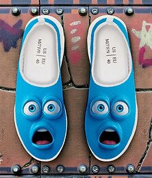 olcso -Férfi kék, lélegző, hálós, bebújós tornacipő vidám rajzfilmfigura arcmintával – könnyű, hétköznapi sportcipő sétáláshoz, utazáshoz és mindennapi viseletre.