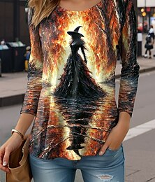 baratos -Halloween Mulheres Camiseta Gráfico Bruxa Vintage à moda Casual Manga Longa Gola Redonda Decote Redondo Tops regulares Diário Imprimir Azul Roxo Laranja Verde Verão Primavera Outono