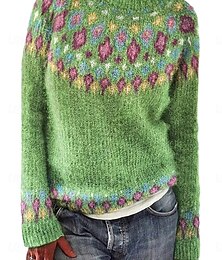 Недорогие -Жен. Вязаная ткань На каждый день Мягкий Геометрический принт Рельефный узор Вырез под горло Трикотаж С принтом Длинный рукав Обычные топы Вязать на открытом воздухе Повседневные выходные