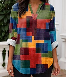 economico -Per donna Blusa Grafico Geometrico Quotidiano Elegante Casual Manica Lunga Scollo a V Top Regolari Lavoro Quotidiano Ferie Stampato Giallo Rosso Blu Viola Estate Primavera
