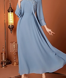 levne -Krojené šaty pro matku nevěsty elegantní výstřih do V délka až na zem chiffon dlouhý rukáv s páskem  stuhou krystaly