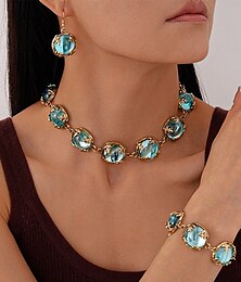 levne -Dámský vintage pozlacený choker náhrdelník s odpovídajícím modrým krystalovým náramkem a visacími náušnicemi - elegantní šperk na párty, koktejly a večerní události