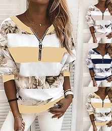 baratos -Suéter de Zíper em Quartos para Mulheres Blusa Listrada Estilosa Casual de Manga Longa V Neck Tops Regulares Estampada Diária Amarelo Rosa Azul Primavera Outono