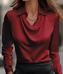ieftine -cămașă damă bluză satin simplu modern casual mânecă lungă guler cămașă obișnuit elegant topuri decolteu drapat zilnic ieșire în oraș încrețit croială lejeră negru vin albastru marin albastru kaki toamnă