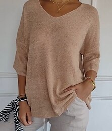 economico -Per donna Felpa Essenziale Casual Morbido Tinta unica A Coste Scollo a V Lavorato a maglia Manica Lunga Top Regolari Maglia All'aperto Quotidiano Weekend Blu Arancione Primavera Autunno