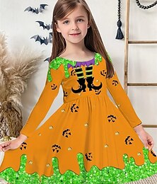 halpa -Halloween Tyttöjen 3D Kuvitettu Mekko Pitkähihainen Kesä Kevät Loma Päivittäin Pyhäpäivä Prinsessa Kaunis Makea Lapset 4-12 vuotta Rento mekko A linjainen mekko Polvipituinen Normaali