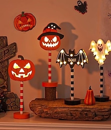 abordables -Lámpara de calabaza de madera con luz nocturna para Halloween, lámpara fantasma a pilas, lámpara de murciélago, lámpara de calavera, lámpara decorativa para dormitorio interior y hogar.