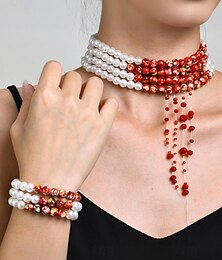 preiswerte -Bluttropfen-Schmuckset für Damen – Halskette, Armband und Ohrringe aus Perlen und roten Perlen für Kostümpartys und gruselige Events