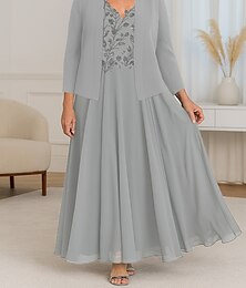 economico -Abito da sposa in due pezzi con perline, a trapezio, per la mamma della sposa, elegante, semplice e lussuoso, con scollo a V, lunghezza al pavimento, in chiffon, maniche corte, con giacca in crêpe