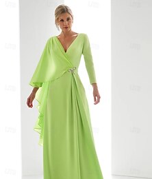 economico -Abito da sera in chiffon A-Line elegante per invitata a matrimonio lungo fino al pavimento maniche lunghe scollatura a V con spacco
