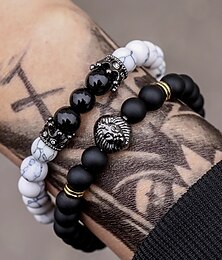 abordables -Conjunto de pulseras de cuentas de piedra natural para hombre con dije de cabeza de león: pulseras elásticas de 2 piezas para estilo punk, regalos y moda urbana.