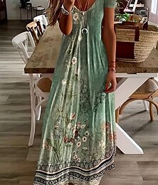 ieftine -Pentru femei Rochie Maxi Rochie casual Rochie A line Rochie de vară Elegant Vacanță Epocă Fit regulat Floral Grafic Imprimeu Paisley Manșon scurt În U Verde Deschis Albastru Prăfuit Vară Primăvar