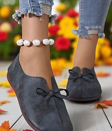 お買い得  -リボンのアクセントが付いた女性用の幅広トゥのブラウンバレエフラットシューズ。秋の散歩、田舎での集まり、毎日の通勤にぴったりのヴィンテージ風コンフォートシューズです。