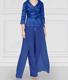 abordables -tailleur-pantalon deux pièces mère de la mariée invité de mariage élégant simple sur mesure revers longueur au sol mousseline de soie satin extensible manches longues avec ceinture / ruban couleur
