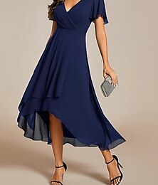 economico -Linea ad A Abiti per invitati a matrimoni Elegante Vestito Ospite di nozze Fidanzamento Asimmetrico Manica Corta Scollo a V Chiffon con Arricciato Volant 2025