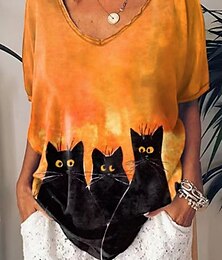 baratos -Halloween Mulheres Camiseta Gato Vintage Casual Manga Curta Decote V Tops regulares Diário Final de semana Imprimir Preto Branco Laranja Verde Verão