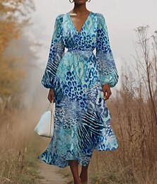 billige -Dame Midikjole Uformell kjole Chiffon Swingkjole Moderne Feriereise Daglig Helg Normal Leopard Langermet V-hals Blå Brun Grønn Sommer Vår Høst
