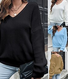 abordables -Femmes Pull Occasionnel Couleur Unie Épais Col en V Tricoté manche longue Hauts Réguliers Tricoter Quotidien Fête Sortir Noir Blanche Automne Hiver